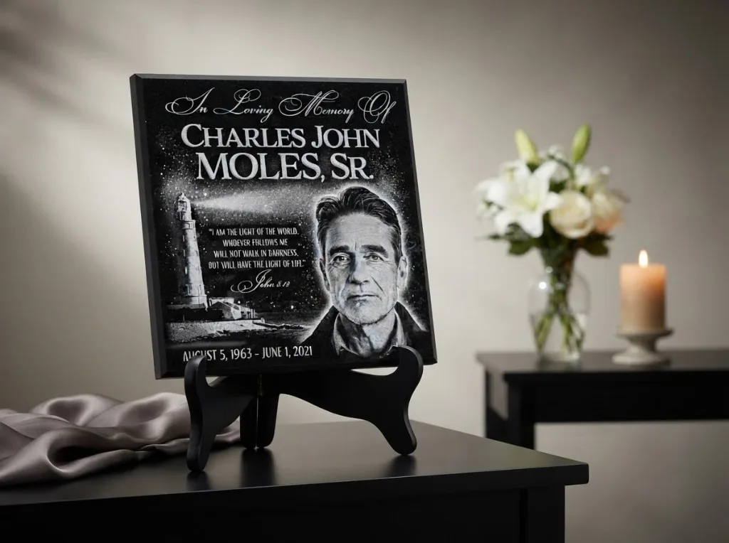 Sample tribute plaque: an engraved portrait of a man beside a lighthouse, with a verse from John 8:12, on a black easel.