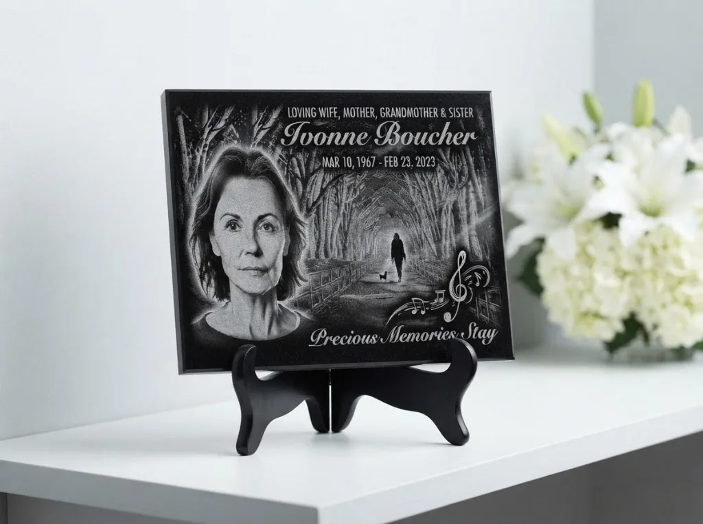 Sample tribute plaque: an engraved portrait of a woman beside a tree-lined path, with music notes and the words "Precious Memories Stay".